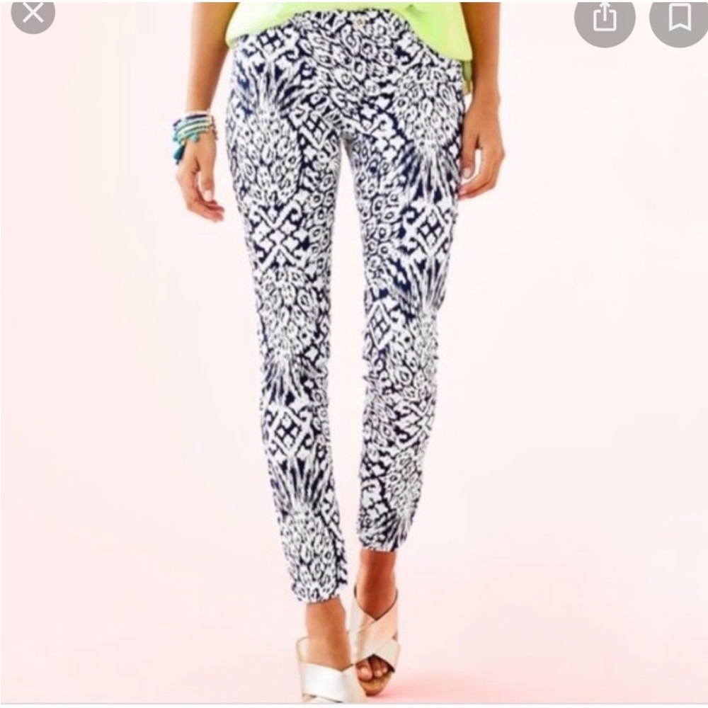 Lilly Pulitzer Kelly Skinny Ankle Pant Pineapple Party Bright Navy, size 16